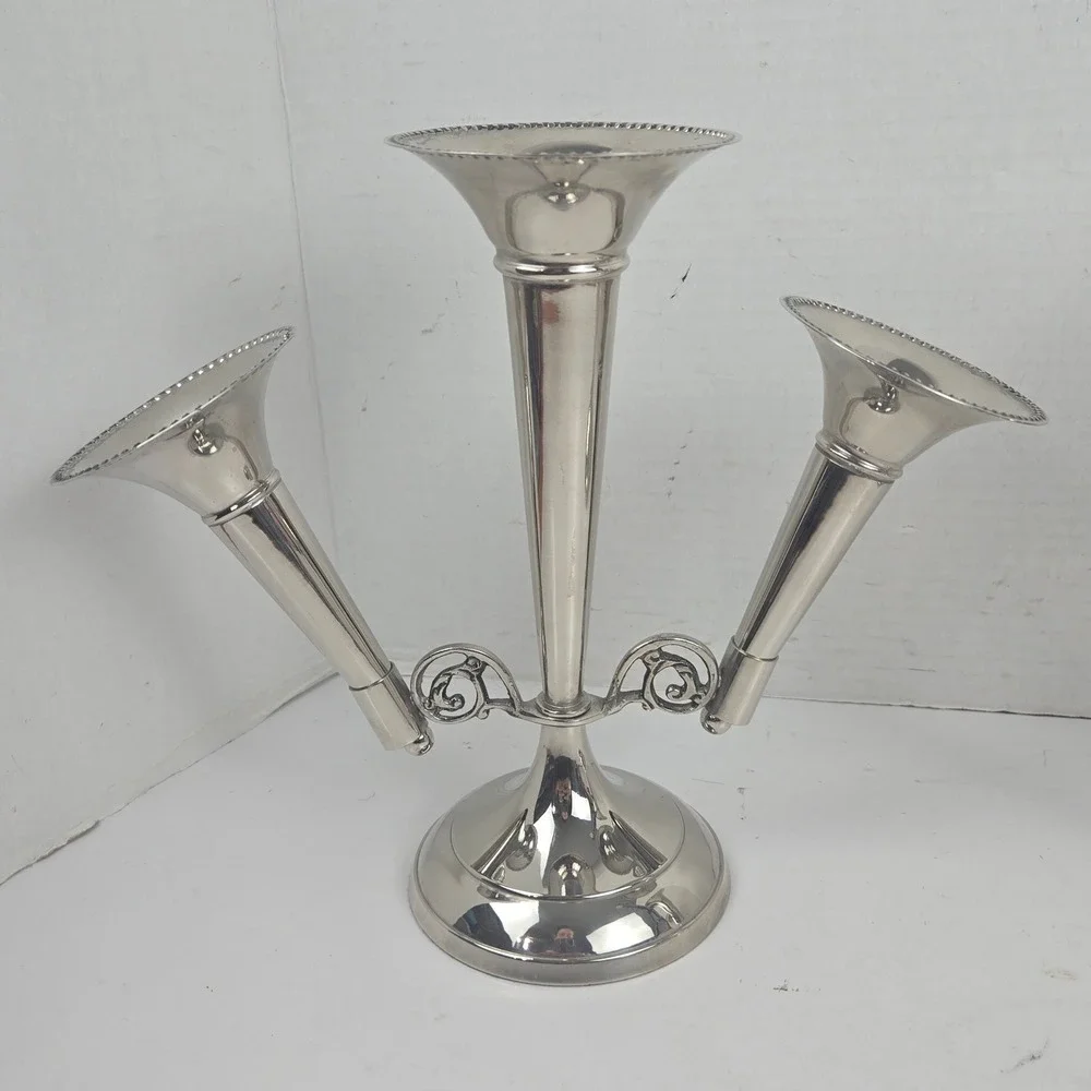 Vintage Silver-plated 3-Arm Trumpet Epergne Beaded Edge Vases 9.5x11